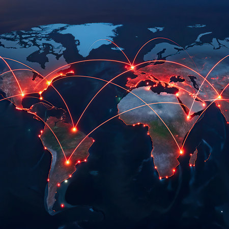 World map with glowing lines representing international communication, travel and connections. 3D...