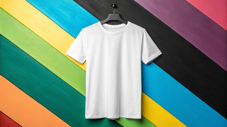 White t-shirt on a hanger on a multicolored backgroundの写真素材