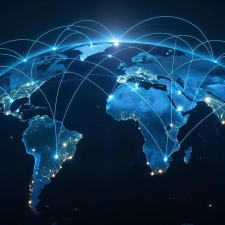 World map with glowing lines representing international communication, technology and travel.