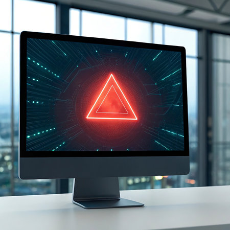 Computer monitor with abstract glowing red triangle on white table in office. 3D Renderingの写真素材