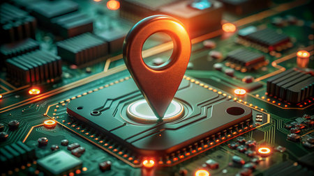 Close up of a circuit board with a map pin. 3d rendering