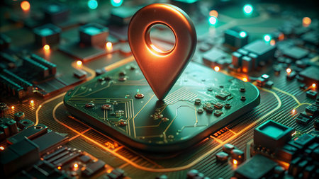 Close-up of a circuit board with a map pin. 3D renderingの写真素材