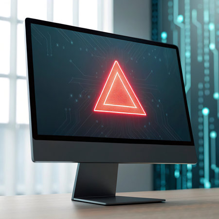 Computer screen with red warning triangle on blurry background. 3D Renderingの写真素材