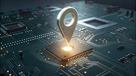 Close-up of circuit board with glowing map pin. 3D rendering