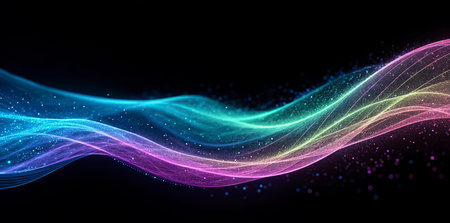 abstract background with glowing particles and wave lines. vector illustration.