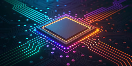 Circuit board with glowing neon lights, 3d rendering toned image