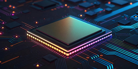 3D rendering of a CPU on a circuit board with neon lightsの写真素材