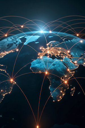 World map with glowing lines representing international communication, technology and travel. 3D...