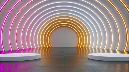 3d render, abstract background, empty room with neon lights.の写真素材