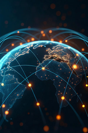 Global network connections over the planet Earth. 3d rendering toned image