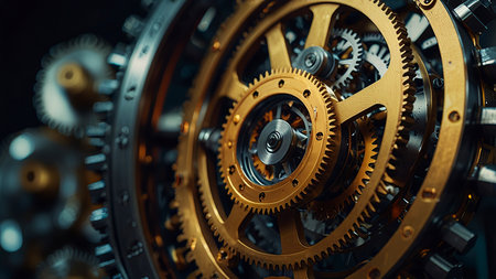 Mechanism of gears and cogwheels close-up. 3D rendering