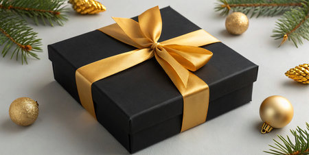 Black gift box with golden bow and christmas decoration on white background