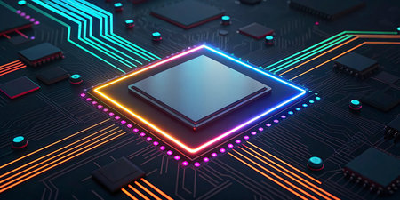Circuit board with microchips and processor. 3d rendering