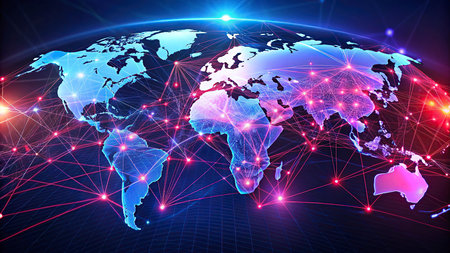 World map on a technological background, glowing lines symbols of the Internet, television, mobile and satellite communications.の写真素材