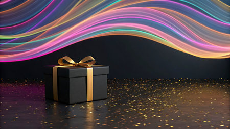 Gift box with gold ribbon on dark background. 3d rendering