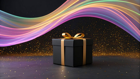 gift box on black background with colorful wave. 3d rendering