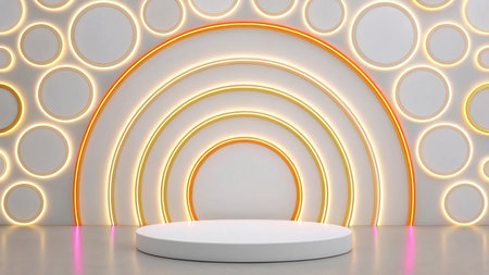Round podium with glowing circles on white background. 3D rendering.の写真素材