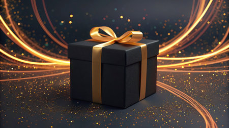 Black gift box with gold ribbon on dark background. 3d render