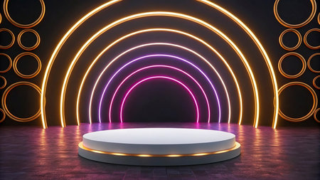 Abstract minimal scene with round podium and neon lights. 3D Renderingの写真素材