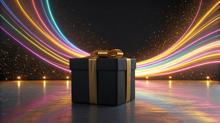 Black gift box with golden ribbon on dark background. 3D rendering