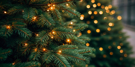 Christmas tree with garland lights, bokeh background. Christmas background.