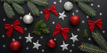 Christmas and New Year background with fir tree branches, red baubles and bows on black background