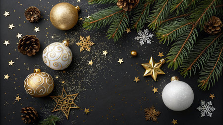 Christmas greeting card. Festive decoration on black background. New Year concept. Copy space.  Flat...
