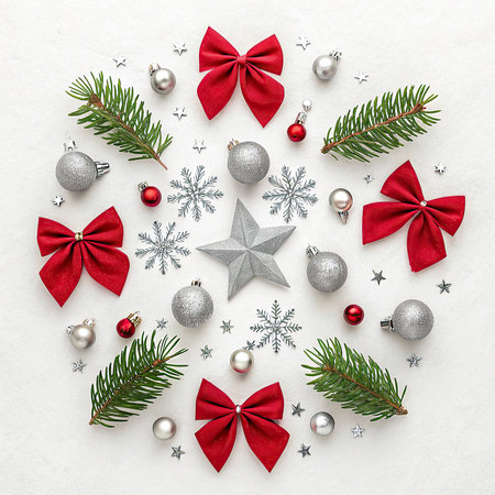 Christmas composition. Festive decoration on white background. Flat lay, top view