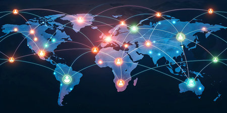 Global network concept with world map on dark background. 3D rendering