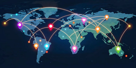 Map of the world with colorful pins on the map. Vector illustration.