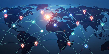 World map and connection lines on dark blue background. Vector illustration.