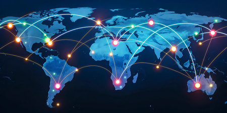 Global network connection on world map. Globalization concept. 3D rendering