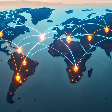 World Map with glowing lines representing communication, connections and travel. 3D rendering.