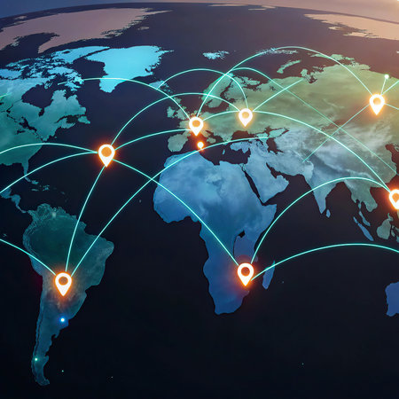 World map on a technological background glowing lines representing communication, travel and...