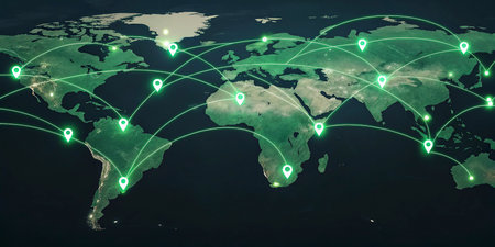 Global communication concept with world map and green lines on dark background.