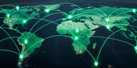 World map with glowing green network symbols. Internet concept. 3D Rendering