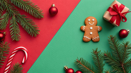 Christmas composition. Gingerbread man, gift box and christmas balls on red and green background....