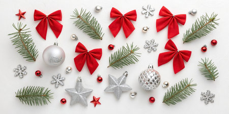 Christmas composition. Christmas decorations, fir tree branches on white background. Flat lay, top...