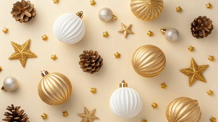 Christmas or New Year composition. Golden and white Christmas decorations on beige background. Flat...