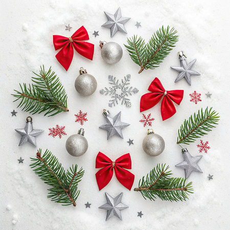 Christmas decoration with fir branches, red bows and snowflakes on white backgroundの写真素材