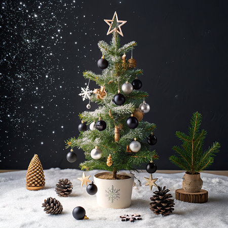 Christmas tree with decorations and snowflakes in front of black backgroundの写真素材