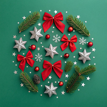 Christmas composition. Christmas decorations, fir branches, red berries on green background. Flat lay, top view, copy spaceの写真素材