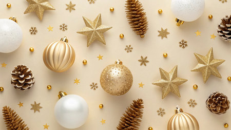 Christmas or New Year composition. Golden and white christmas decorations on beige background. Flat lay, top view, copy space.の写真素材