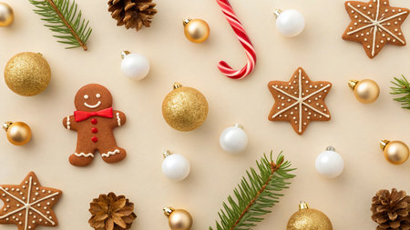 Christmas gingerbread cookies and christmas decorations on a beige backgroundの写真素材
