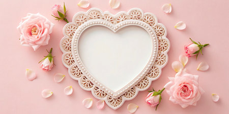 Valentine's day greeting card with heart shaped frame and flowers on pink backgroundの写真素材