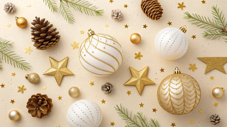 Christmas composition. Christmas tree toys, golden decorations on beige background. Flat lay, top view, copy spaceの写真素材