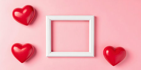 Valentine's day background with white frame and red heart on pink backgroundの写真素材