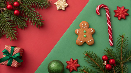 Christmas composition. Gingerbread man, christmas tree, candy canes and fir branches on red and...