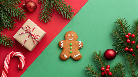 Gingerbread man with christmas decoration on green and red backgroundの写真素材