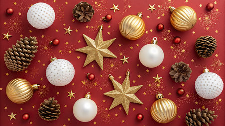 Christmas background with golden and white baubles and pine cones on red backgroundの写真素材